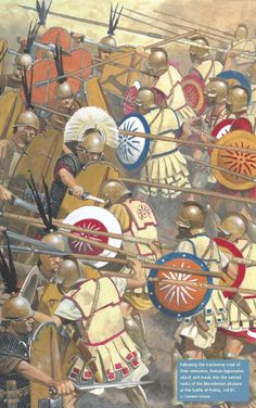 a painting of roman soldiers with spears and shields on their heads, facing each other