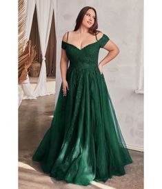 Plus Size Emerald Glitter Tulle Off Shoulder Applique Slit Gown - Unique Vintage - Womens, DRESSES, PROM & SPECIAL OCCASION Prom Dress Ideas Long Sleeve, Plus Size Green Dress Formal, Prom Dresses 2024 Plus Size, Emerald Green Reception Dress, Chubby Prom Dresses, Midsize Prom Dress, Prom Dresses Curvy, Prom Dresses For Chubby Girls, Plus Size A Line Dress