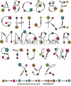 the letters are made up of beads and flowers, all in different shapes and sizes