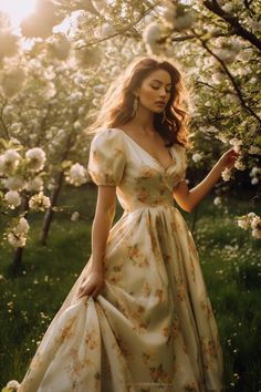 a woman in a dress is standing near some trees and flowers with her hands on her hips