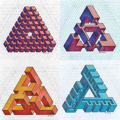 four different types of geometric designs on paper with colored lines and shapes in the background