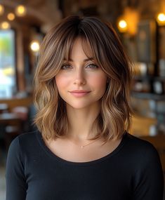 medium length gray hairstyles with bangs - AskNaij Fringe Hairstyles Short Shoulder Length, Medium Length Haircut With Full Bangs, Swoopy Bangs Medium, Shoulder Length With Bangs Hairstyles, Shoulder Length Thick Hair With Bangs, Shoulder Length Hair Long Bangs, Bangs For Shoulder Length Hair, Shoulder Length Hair With Layers Bangs, Medium Brown Hair With Bangs