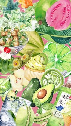 a painting of various fruits and vegetables on a pink background