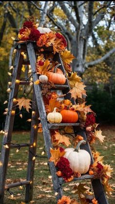 an old ladder decorated with fall leaves and pumpkins