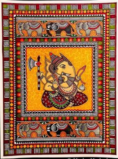 Krishna Folk Art Painting, Madhubani Art Buddha, Folk Art Sketches, Madhubani Art Of Krishna, Ganpati Madhubani Art, Madhubani With Lippan Art, Krishna Painting Madhubani, Canvas Madhubani Painting, Kalamkari Ganesha Painting