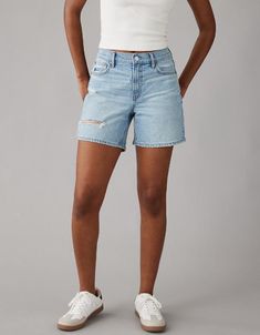 AE Strigid Super High-Waisted Ripped Relaxed 6" Short Medium Wash Relaxed Fit Shorts For Fall, Dark Wash Relaxed Fit Jean Shorts For Spring, Spring Relaxed Fit Dark Wash Jean Shorts, Spring Dark Wash Relaxed Fit Jean Shorts, Fall Medium Wash Relaxed Fit Shorts, Fall Relaxed Fit Medium Wash Shorts, Spring Dark Wash Relaxed Jean Shorts, Medium Wash Mom Fit Bottoms For Spring, High Rise Denim Shorts For Fall