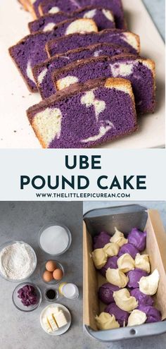 purple pound cake with white and yellow icing in a pan next to other ingredients