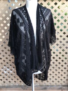 Handmade with care Black Lace Kimono. Dress it up for a night out or wear it casual with jeans or shorts! Also perfect as a beach cover up! Beautiful black lace print, see photos for details. Measurements: One size fits most! Yoko Ogawa, Black Lace Kimono, Beach Kimono, Ladies Poncho, Lace Kimono, Lace Print, Kimono Dress, Beach Covers, More Books