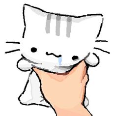 a hand holding a white cat with it's eyes closed