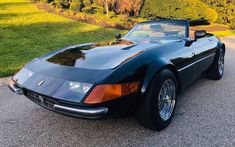 a black sports car is parked on the side of the road in front of some bushes