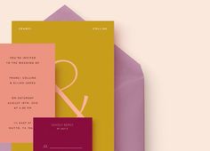 the wedding stationery is designed to look like it has been folded in different colors