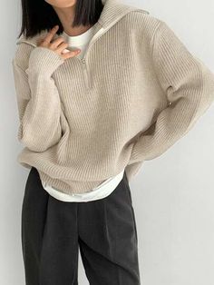 DAZY 1pc Quarter Zip Drop Shoulder Sweater | SHEIN USA Uni Outfits, Shein Outfits, Modest Clothing, Drop Shoulder Sweaters, Women Sweater, 가을 패션, Beige Sweater, Outfit Inspo Fall, Casual Style Outfits