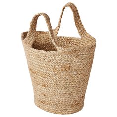 a large jute basket with handles on an isolated white background