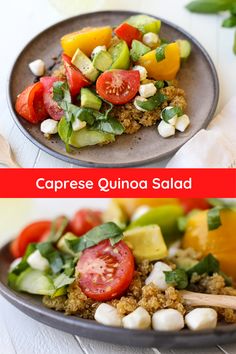 two plates filled with different types of salads on top of each other and the words caprese quinoa salad above them