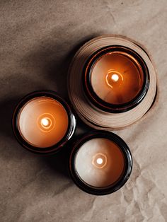 three lit candles sitting on top of a piece of wax paper next to each other