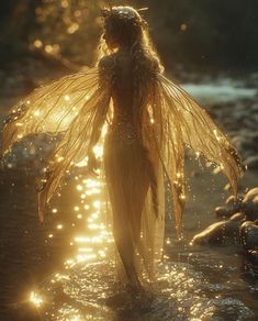 a woman dressed as a fairy standing in the water