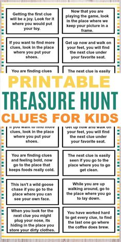 printable treasure hunt clues for kids to use in the classroom or on the wall