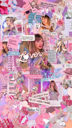 the collage is made up of many different pictures and words, including pinks