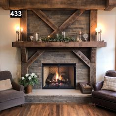 a living room with a fire place and couches