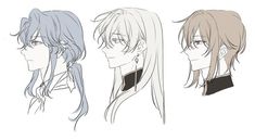 three anime characters with long hair, one in black and the other in grey are facing different directions