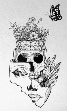 a drawing of a skull with flowers in its head