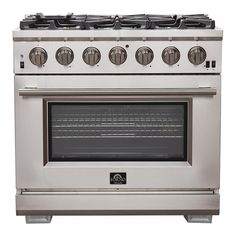 a stainless steel oven with four burners on the front and two side doors open