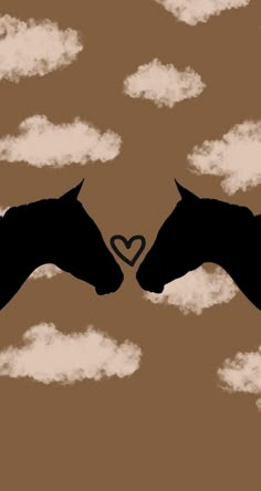 two horses are facing each other with clouds in the background and a heart shaped cloud