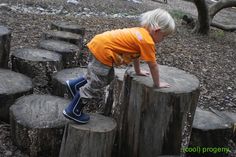 a little boy standing on top of a tree stump