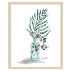 a watercolor painting of a green plant in a glass vase on a white background