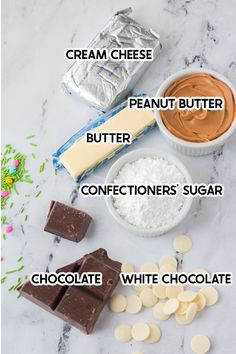 ingredients to make peanut butter fudges on a marble counter top with text overlay