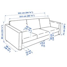 a drawing of a couch with measurements for it