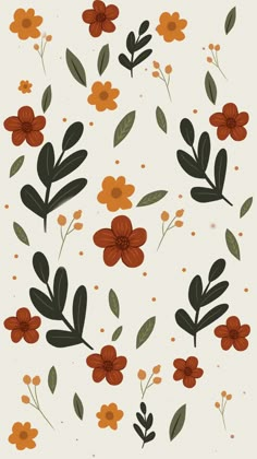 an orange and brown flower pattern on a white background with green leaves, dots and circles