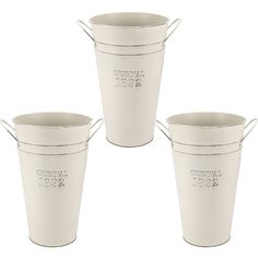 three white metal buckets with handles