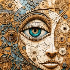 a close up of an artistic painting with blue eyes and gears on the side of it