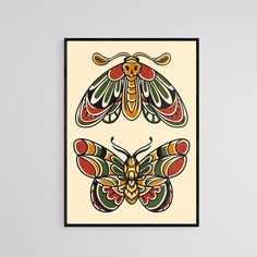 two colorful moths on a white wall above a black framed artwork piece in an empty room