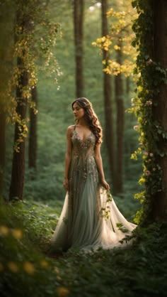 a woman standing in the middle of a forest wearing a dress with flowers on it