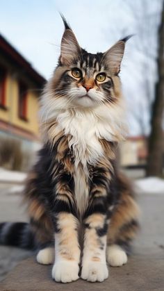 a fluffy cat sitting on top of a sidewalk