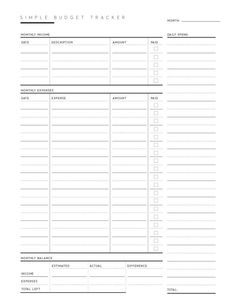 a printable budget tracker is shown in black and white