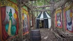 there is a tent in the woods with banners on it and trees growing around it