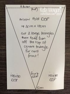 a white paper with writing on it that says, mom fish dsp and two large triangles open the top of centre triangle for card