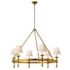 a brass chandelier with white lamps hanging from it's center and bottom