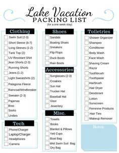 the lake vacation packing list is shown in black and white, with blue trimmings