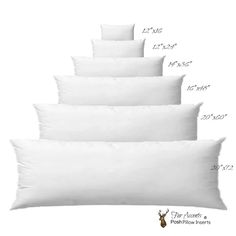 four white pillows with measurements for each pillow and the same size as shown in this image