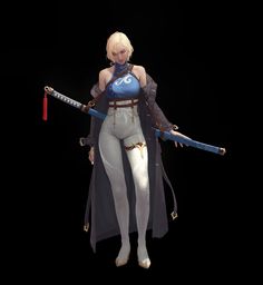 a woman in white and blue outfit holding two swords with both hands, standing against a black background