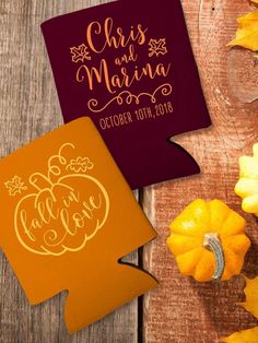 two personalized coasters with the names and date on them, sitting next to pumpkins