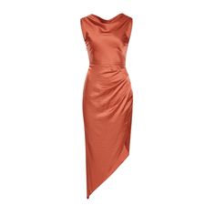 The Sophia in Burnt Orange from Altera London is a statement of evening elegance, perfect for weddings, romantic dates, and events. The dress features an innovative drape vest top designed to elegantly conceal bra straps, paired with a lower back drape for a sexy sophisticated silhouette. Its asymmetrical skirt, accented with tasteful ruching, enhances the dress's allure, making it an ideal choice for those seeking a blend of contemporary style and classic elegance for high-profile occasions. St Burnt Orange Textured Dress, Elegant Orange Evening Slip Dress, Orange V-neck Midi Dress For Party, Orange V-neck Midi Dress For Night Out, Orange Silk V-neck Dress, 2024 Style, Asymmetrical Skirt, Romantic Dates, Bra Straps