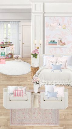 a white bedroom with pink and blue decor on the walls, bedding and pillows