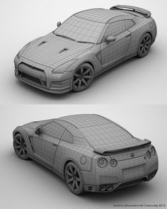 three different views of a car on a white background, one in grey and the other in black