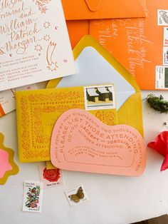 Bright colored wedding invitation suite with RSVP cards and custom stamps Catskills Mountains, Colorful Wedding Invitations, The Catskills, Stationary Design, Colorful Wedding, Wedding Mood Board, Tag Design, Wedding Mood, Card A