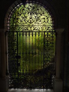 an iron gate is open to reveal a lush green park in the distance, with trees and bushes on either side